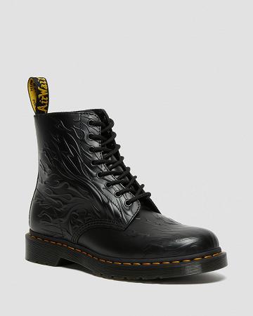 Black Men's Dr Martens 1460 Flames Emboss Leather Lace Up Boots | CA 509BEX